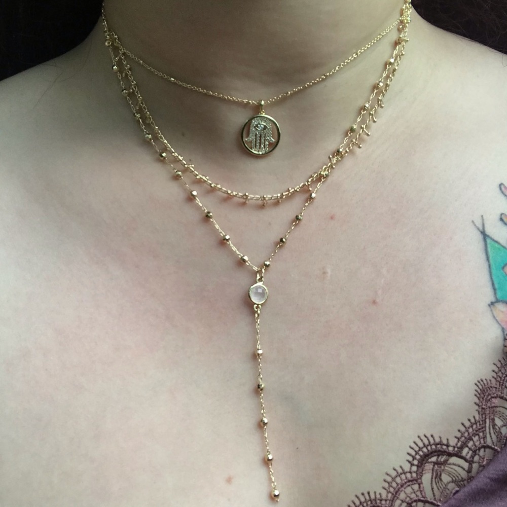 Three gold chain hamsa hand charm necklace